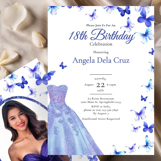 Blue Butterflies And Dress 18th Birthday Debut Invitation (Creator Uploaded)