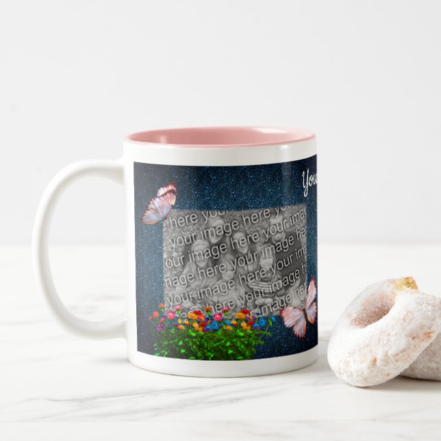 Blue Butterflies And Flowers Personalized Photo Two-Tone Coffee Mug (With Donut)