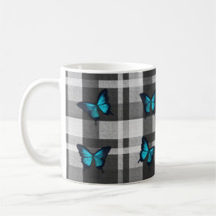 Blue Butterflies and Gray Plaid Fabric Coffee Mug