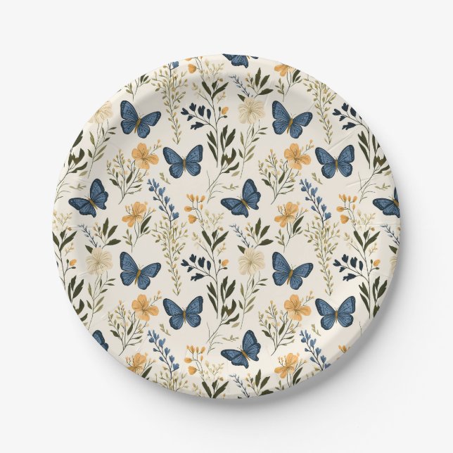 Blue Butterflies and greenery Paper Plates (Front)