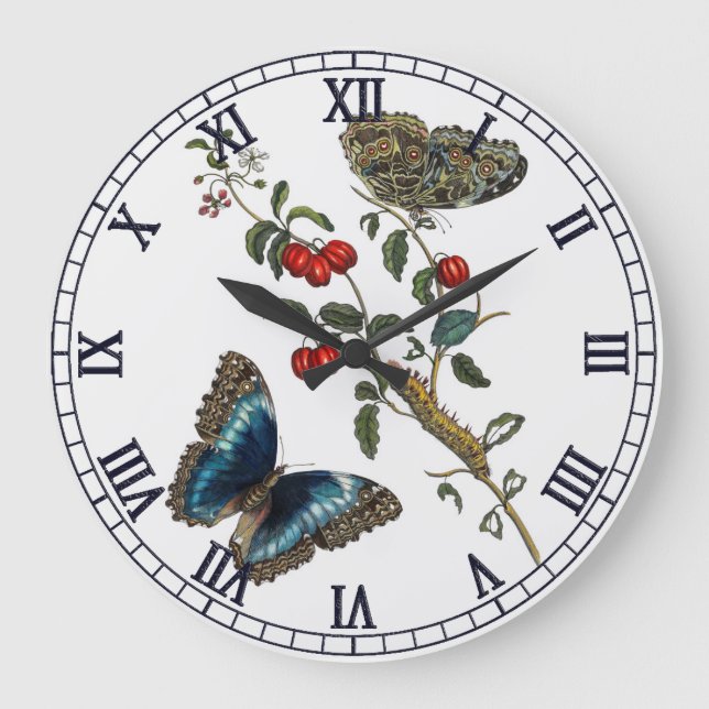  Blue Butterflies and Red Fruits Large Clock (Front)