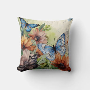 Blue Butterflies and Wildflowers Throw Pillow