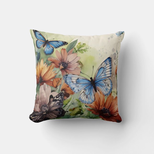 Blue Butterflies and Wildflowers Throw Pillow (Front)