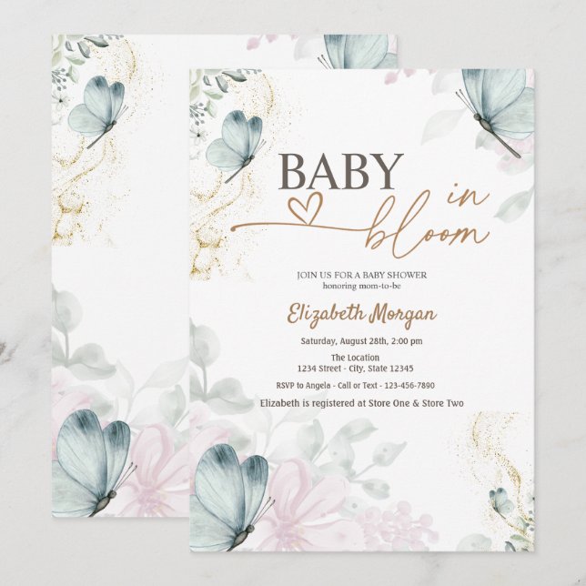 Blue Butterflies Baby in Bloom  Invitation (Front/Back)