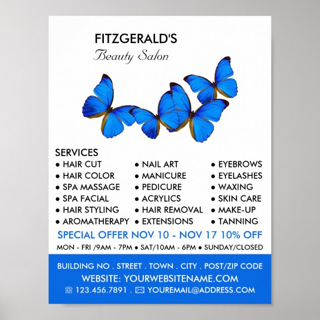 Blue Butterflies, Beautician, Beauty Salon Advert Poster (Front)