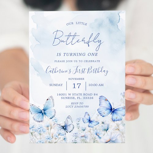 Blue Butterflies Birthday Party Invitation