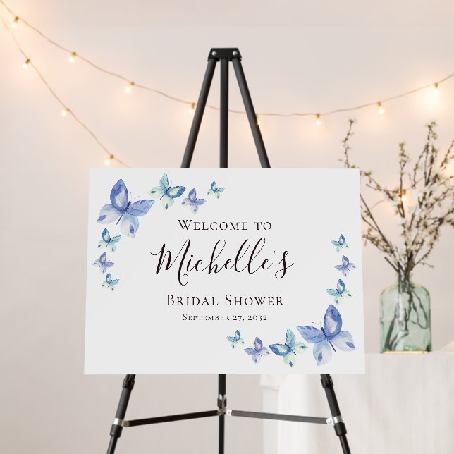 Blue Butterflies Bridal Shower Welcome Sign (In Situ (Stand))