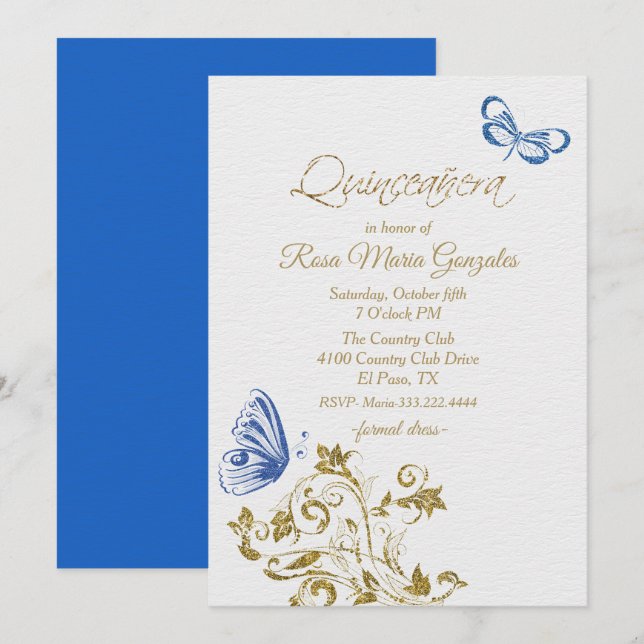 Blue Butterflies Chic Quinceanera Invitation (Front/Back)