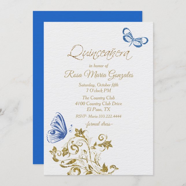 Blue Butterflies Chic Quinceanera Invitation (Front/Back)