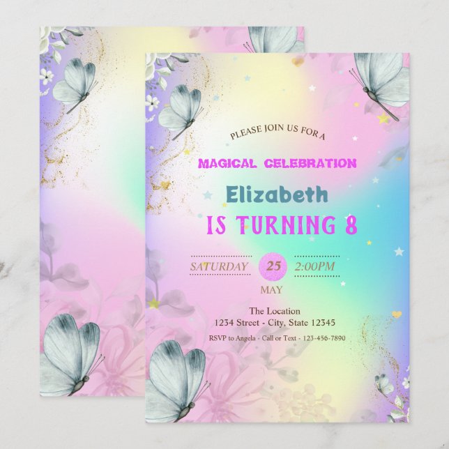 Blue Butterflies Colorful Holographic Birthday Invitation (Front/Back)
