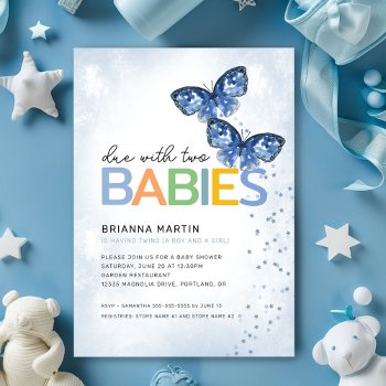 Blue Butterflies Due With Two Twins Baby Shower Invitation by daisylin712 at Zazzle