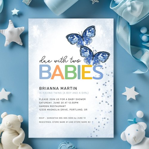Blue Butterflies Due with Two Twins Baby Shower Invitation