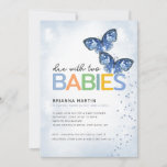 Blue Butterflies Due with Two Twins Baby Shower Invitation