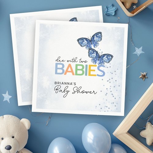 Blue Butterflies Due with Two Twins Baby Shower Napkins