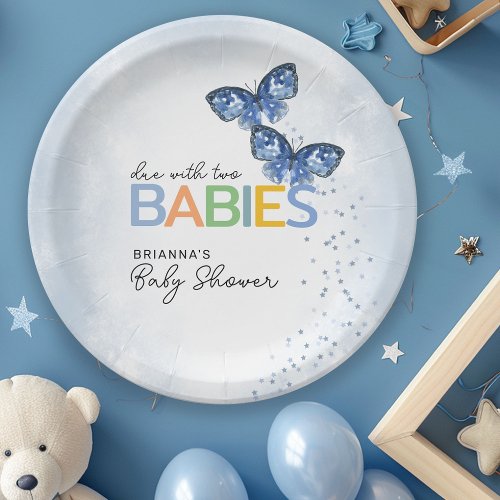 Blue Butterflies Due with Two Twins Baby Shower Paper Plates