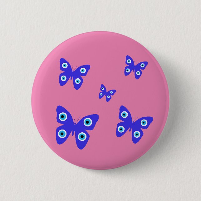 Blue Butterflies Evil Eye with Pink Background Button (Front)