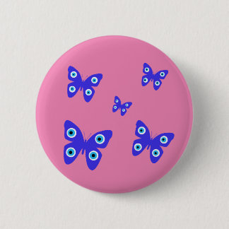 Blue Butterflies Evil Eye with Pink Background Button