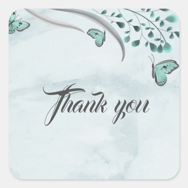 blue butterflies floral thank you square sticker (Front)