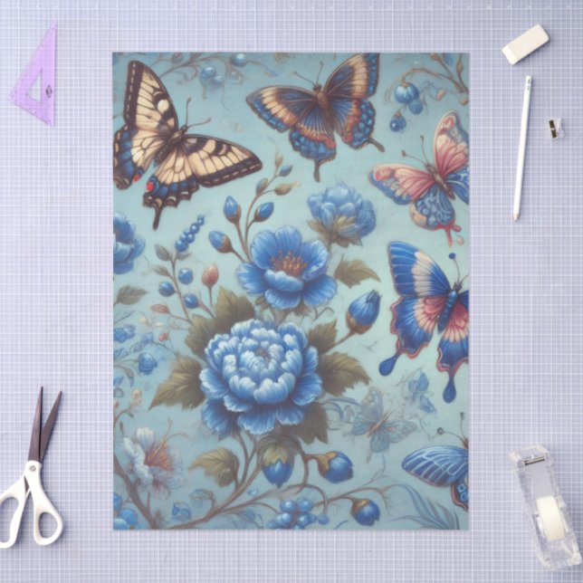 Blue Butterflies & Florals – Whimsical Decoupage Tissue Paper (Craft)