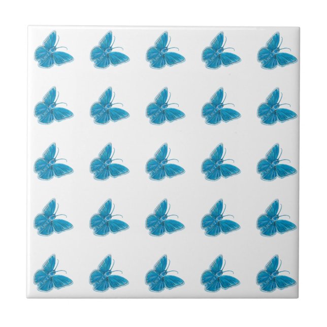 Blue Butterflies Fluttering Illustration Pattern Ceramic Tile (Front)