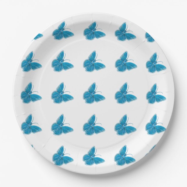 Blue Butterflies Fluttering Illustration Pattern Paper Plates (Front)