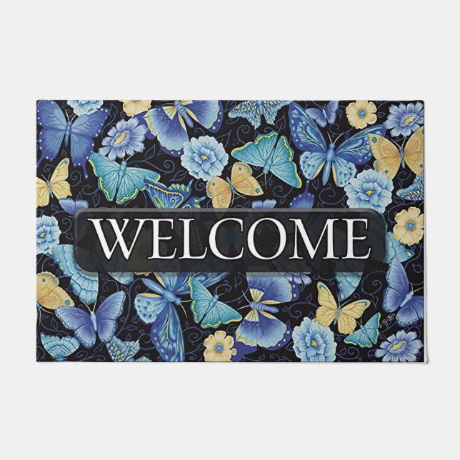 Blue Butterflies Flying Flower Printed  Doormat (Front)