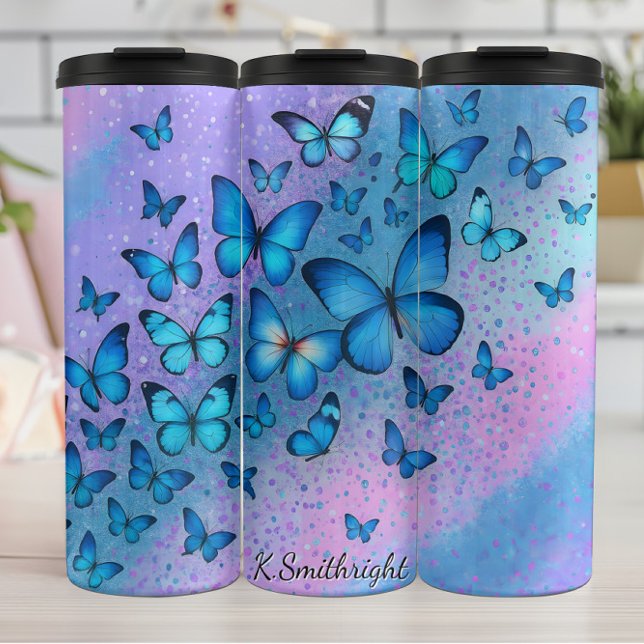 Blue Butterflies Glitter Ombre Swirl Thermal Tumbler (Creator Uploaded)