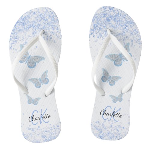 Blue butterflies glitter white name monogram flip flops