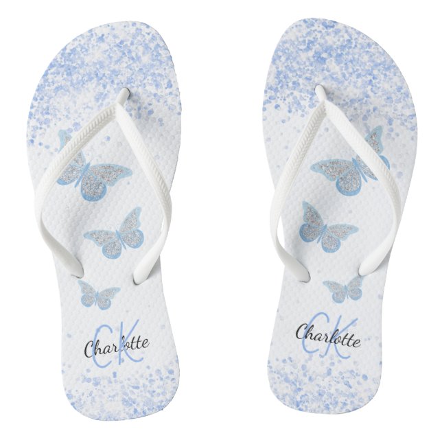 Blue butterflies glitter white name monogram flip flops (Footbed)