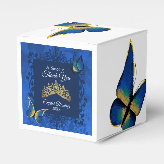 Blue Butterflies, Gold Tiara Quinceanera Favor Box (Front Side)