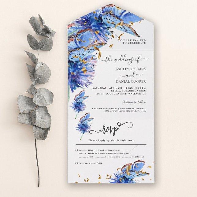 Blue Butterflies Gold Wedding All In One Invitation (Creator Uploaded)