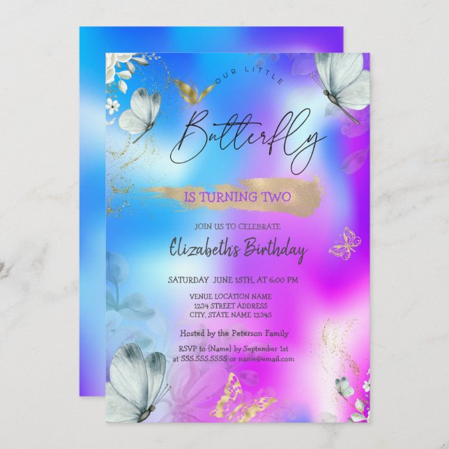 Blue Butterflies Holographic Birthday  Invitation (Front/Back)