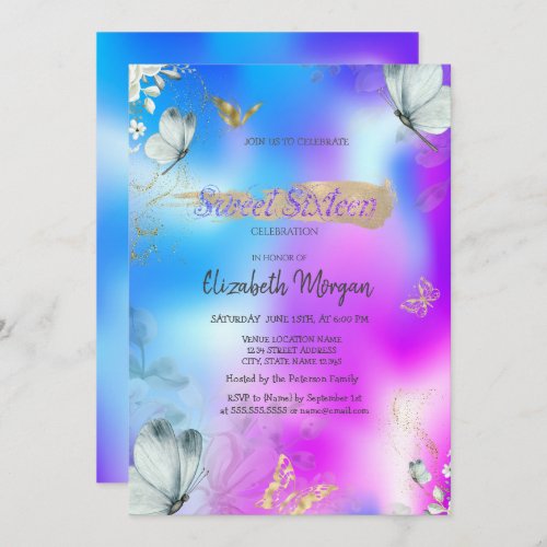 Blue Butterflies Holographic Sweet 16 Birthday  Invitation