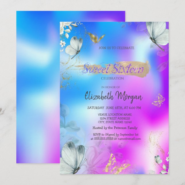 Blue Butterflies Holographic Sweet 16 Birthday  Invitation (Front/Back)