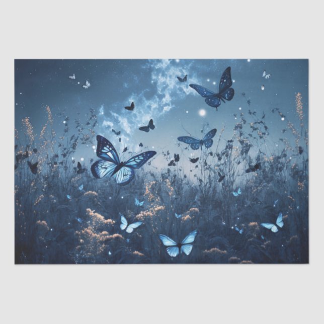 Blue Butterflies in a Meadow in Evening Decoupage Tissue Paper (Front)