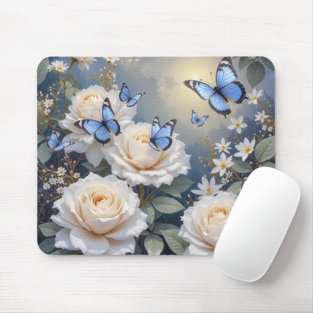 Blue Butterflies in a White Rose Garden Mouse Pad (With Mouse)