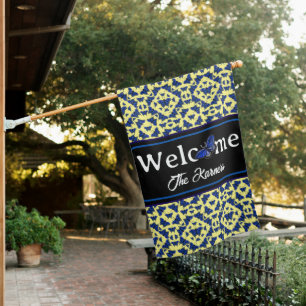 Blue Butterflies in Fun Playful Pattern on Yellow House Flag