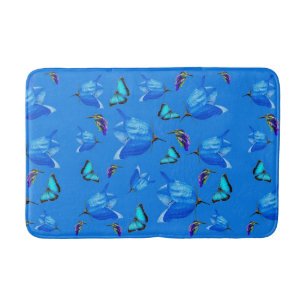 Blue Butterflies, Kingfishers, And Bell Flowers, Bathroom Mat