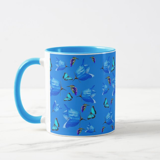 Blue Butterflies, Kingfishers, And Bell Flowers, Mug (Left)