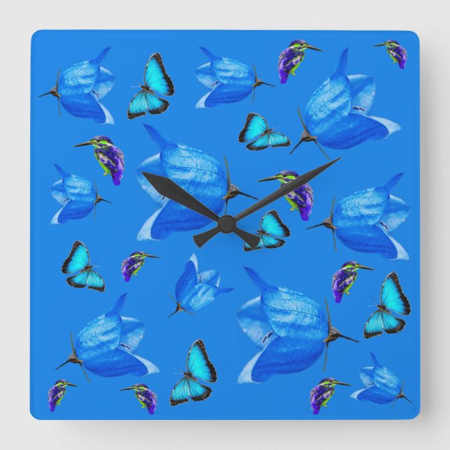 Blue Butterflies, Kingfishers, And Bell Flowers, Square Wall Clock (Front)