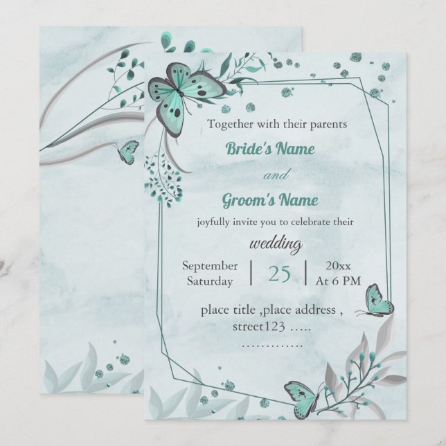 blue butterflies leaves floral geometric wedding invitation (Front/Back)