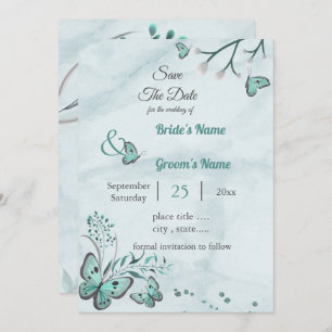 blue butterflies leaves floral save the date invitation
