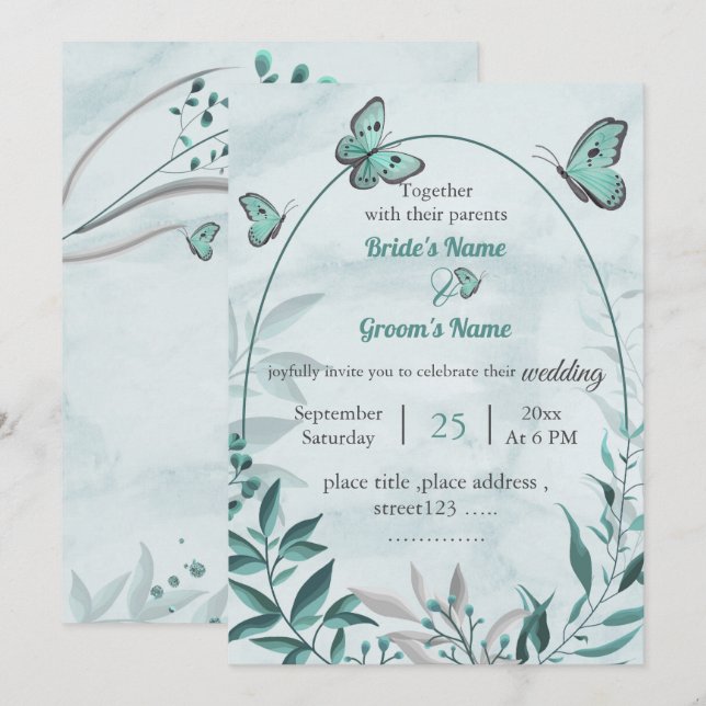 blue butterflies leaves floral wedding invitation (Front/Back)