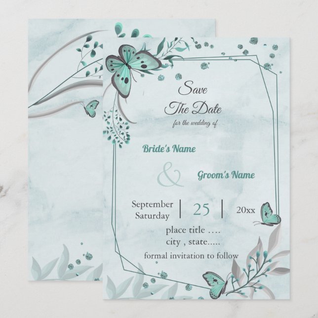 blue butterflies leaves geometric save the date invitation (Front/Back)