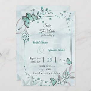 blue butterflies leaves geometric save the date invitation