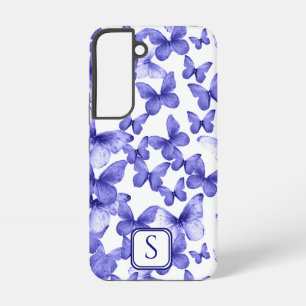 Blue Butterflies Modern Elegant Custom Monogram Samsung Galaxy S22 Case