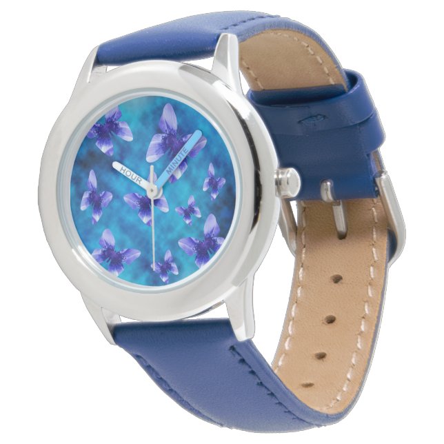Blue Butterflies Of Summer, Kids Leather Watch (Angled)