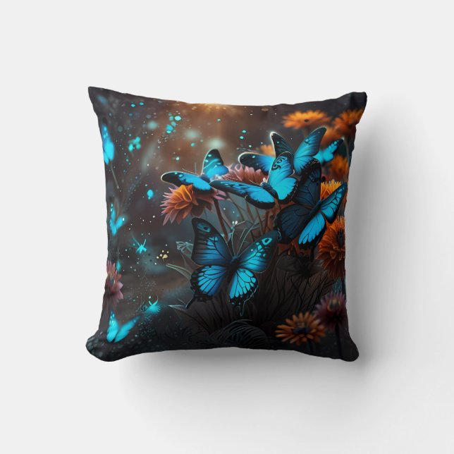 Blue Butterflies on an orange plant in moonlight Throw Pillow (Front)