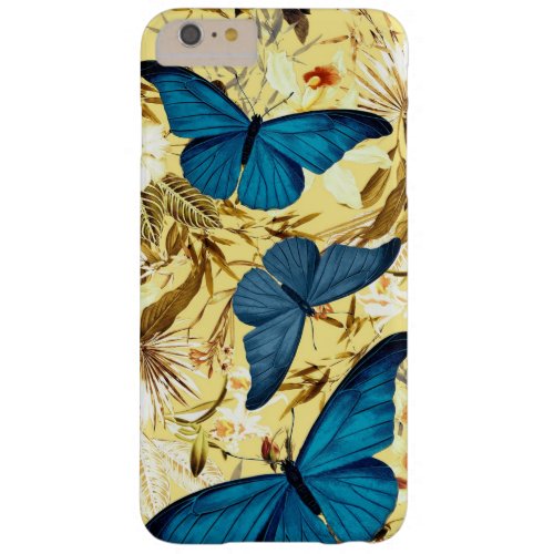 Blue Butterflies on Vintage Cream Floral Pattern Barely There iPhone 6 Plus Case