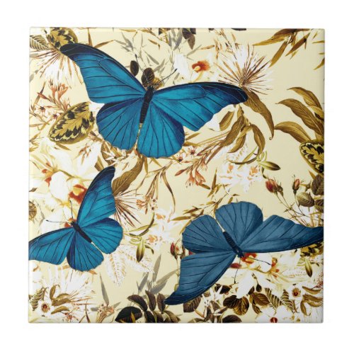 Blue Butterflies on Vintage Cream Floral Pattern Ceramic Tile